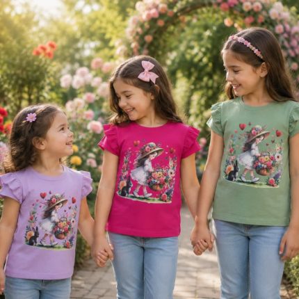 تیشرت دخترانه سرشانه چین دار طرح باغ گل 💐 | جنس پنبه یکرو (خنک و دخترانه)
